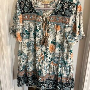 Johnny Was Floral Blouse - Blue, Orange, Cream